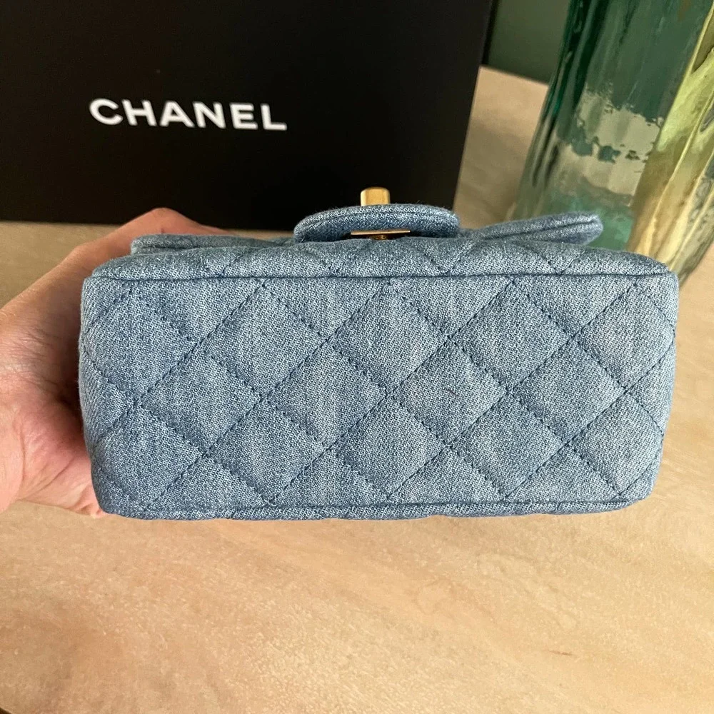 ❌SOLD❌NEW Chanel Denim Square Mini Pearl Crush Flap Bag 22C - Picture 5 of 14